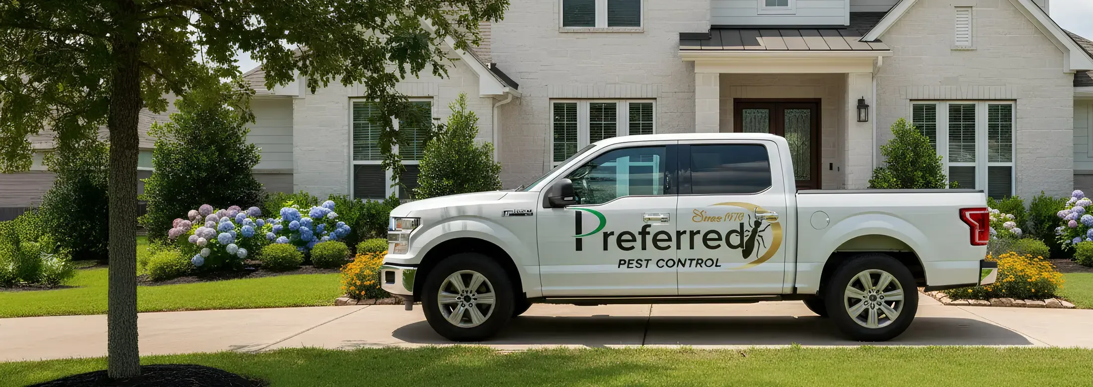preferred pest truck parked in front of house