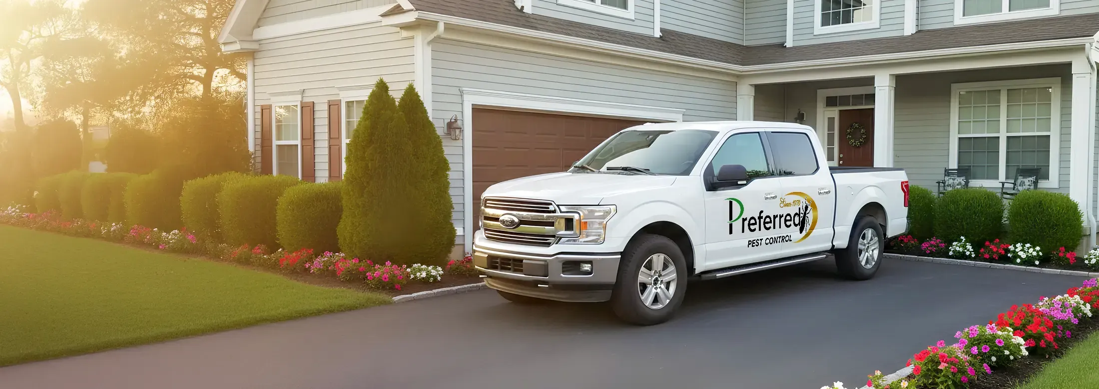 Preferred Pest Control Truck parked in front of house